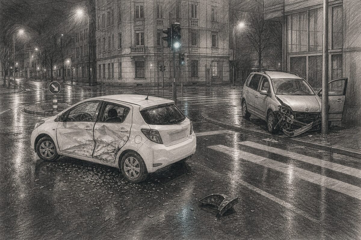 Nächtliche Ampelkreuzung im Regen mit zwei verunfallten Autos